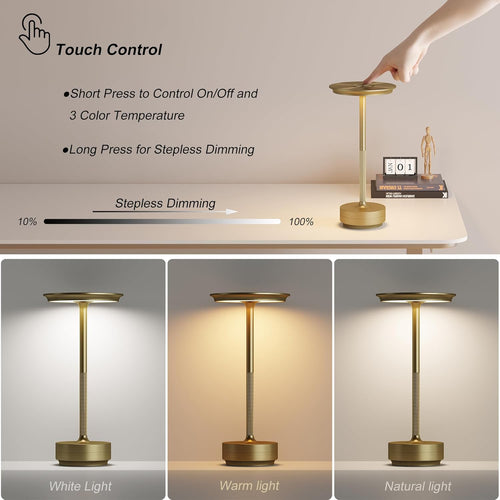 2 Pack Rechargeable Cordless Table Lamps, Portable 5000mAh Battery Table Light, 3 Color Stepless Dimming LED Table Light with Memory Function, for Outdoor/Dinner/Patio/Restaurant.(Gold)